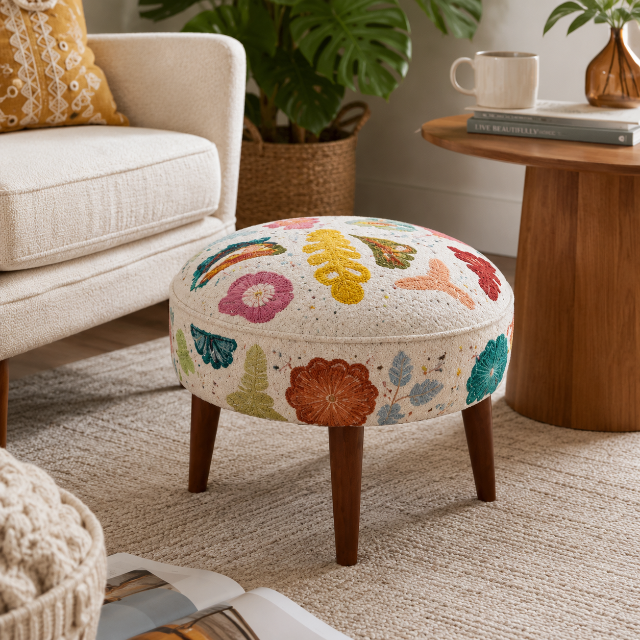 Suzani Patterned Accent Stool | 20x18" | White Cotton Fabric