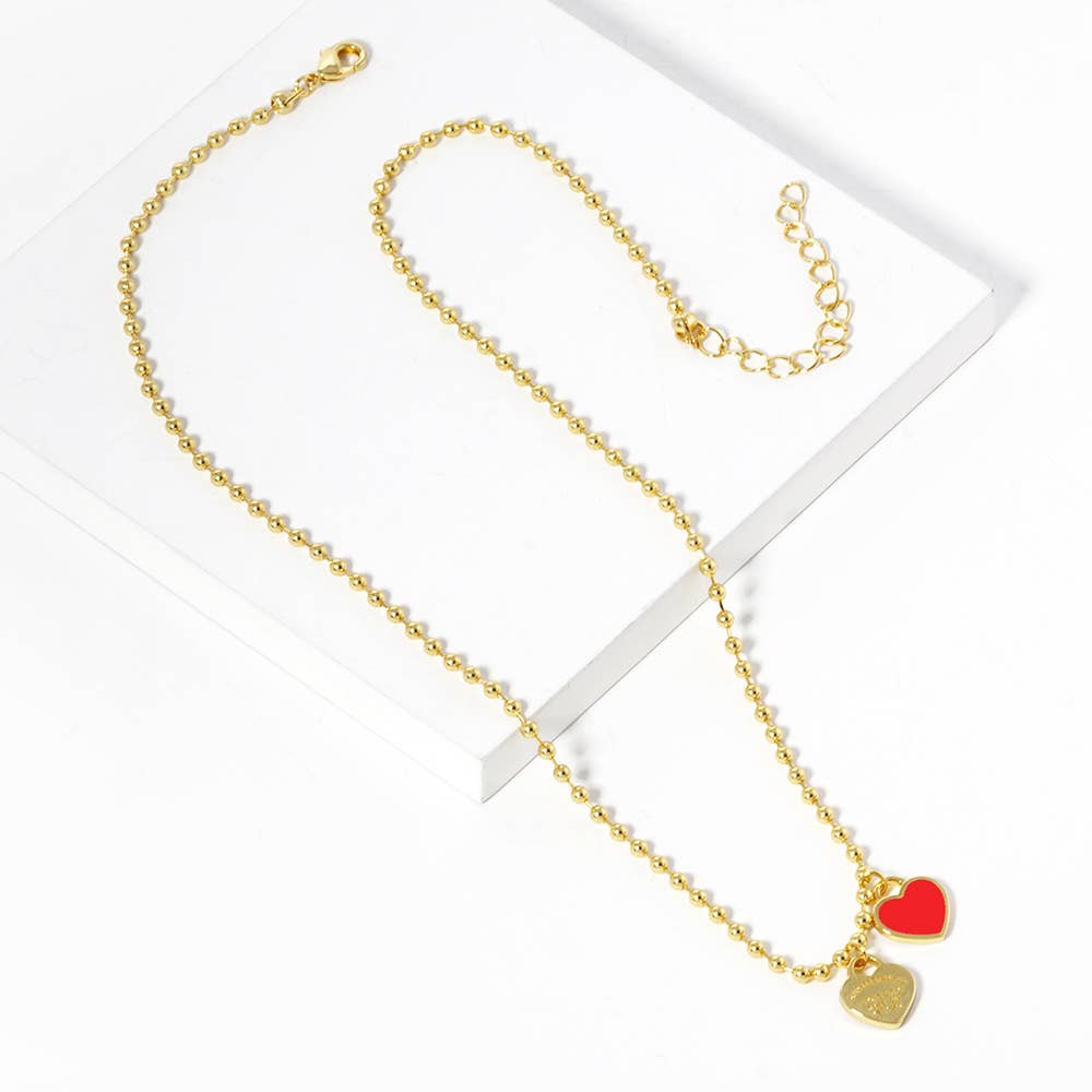 Gold Dipped Double Heart Pendant Bubble Chain Necklace