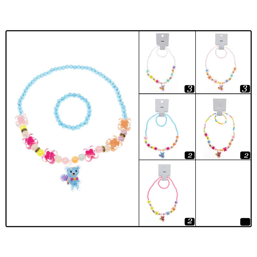 Kids Teddy Bear Pendant Flower Beaded Jewelry Set