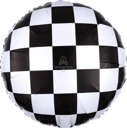 Checkered Foil Balloon – 18" Round | Black & White | Self-Sealing (Air or Helium Fill)