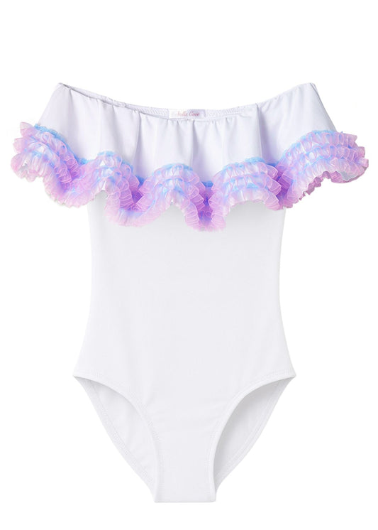 White Ruffle Swimsuit with Anemone