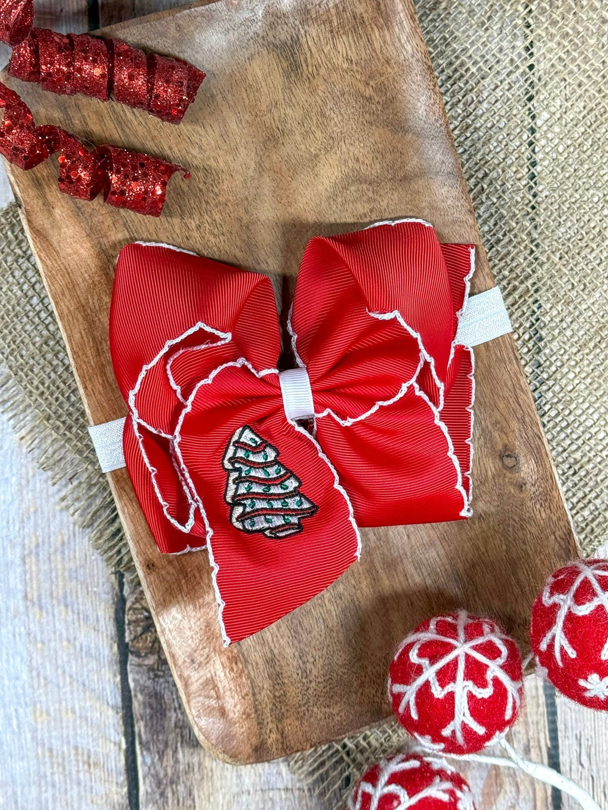 Christmas Tree Cake Embroidered Hair Bow | Clip or Headband
