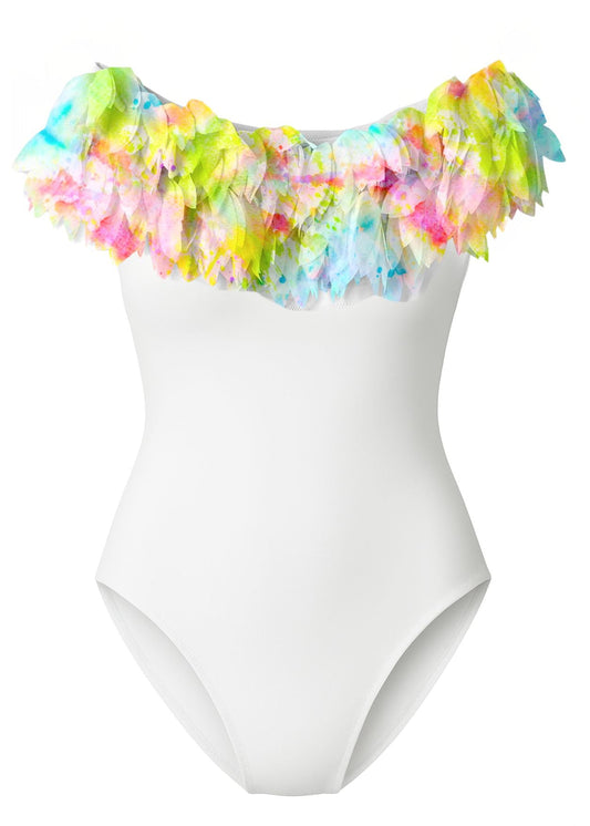Womens White Swimsuit with Citrus Petals