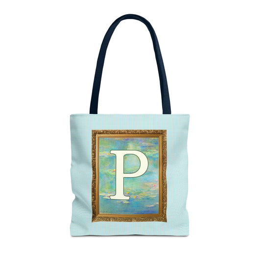 Claude Monet Water Lily Tote Bag with Letter, Colorful Initial Tote Bag with Gingham and Vintage Aesthetic Toile: P