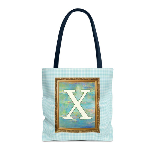 Claude Monet Water Lily Tote Bag with Letter, Colorful Initial Tote Bag with Gingham and Vintage Aesthetic Toile: X