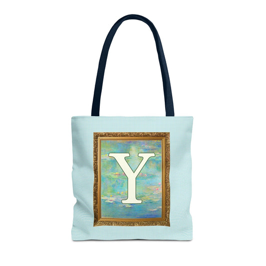 Claude Monet Water Lily Tote Bag with Letter, Colorful Initial Tote Bag with Gingham and Vintage Aesthetic Toile: Y