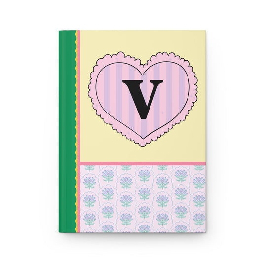 Colorful Floral Notebook with Initial for Best Friend or Sister, Cute Striped Floral Journal with Heart, Cute Retro Notebook with Letter: V