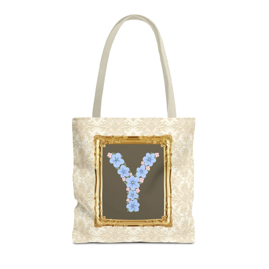 Colorful Floral Tote Bag with Framed Flower Letter, Boho Wildflower Vintage Aesthetic Tote Bag for Daughter or Co-Worker's Birthday: Y