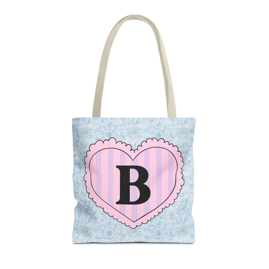 Colorful Plaid Tote Bag with Initial for Best Friend or Sister, Cute Striped Floral Tote Bag with Heart, Tote Bag with Letter: B