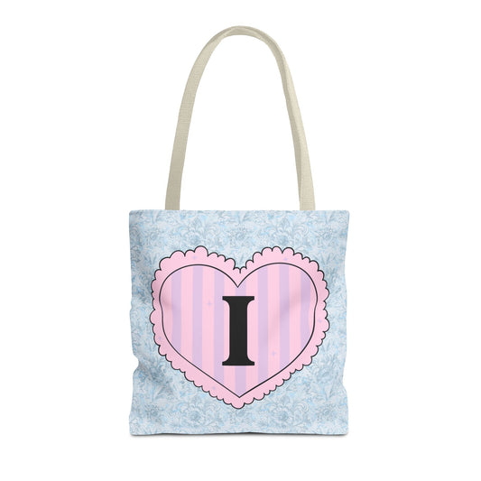 Colorful Plaid Tote Bag with Initial for Best Friend or Sister, Cute Striped Floral Tote Bag with Heart, Tote Bag with Letter: I