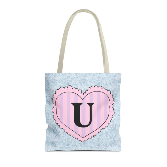 Colorful Plaid Tote Bag with Initial for Best Friend or Sister, Cute Striped Floral Tote Bag with Heart, Tote Bag with Letter: U