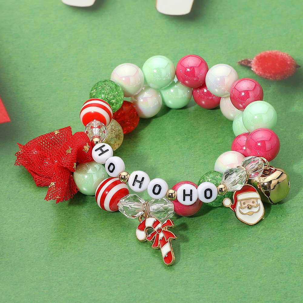 HO HO HO Candy Cane Santa Charm Bow Beaded Stretch Multi Layered Bracelets