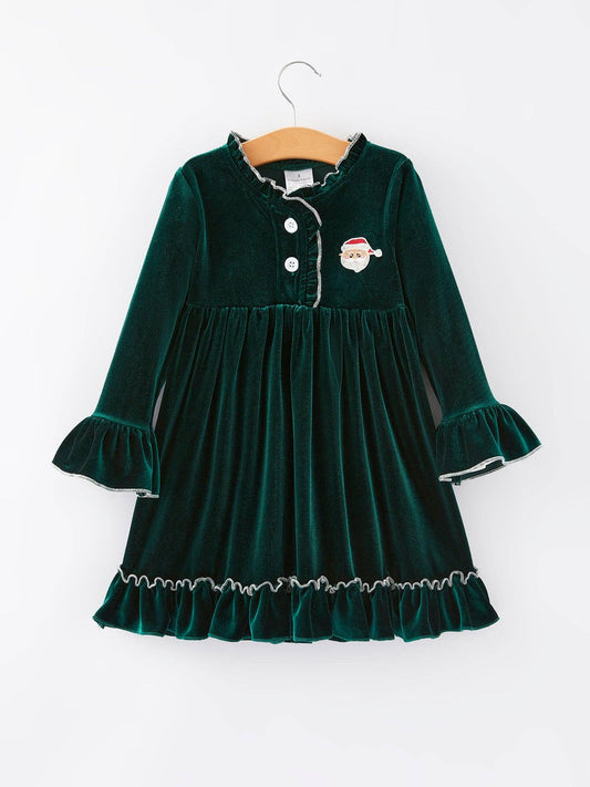 Green Santa Embroidered Velvet Girls Dress