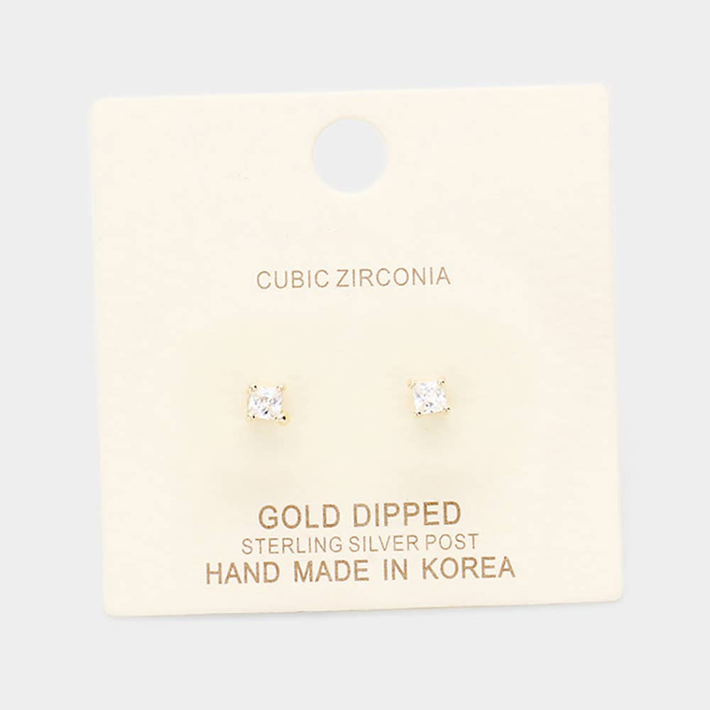 Gold Dipped 3mm Cubic Zirconia Square/Round Stud Earrings