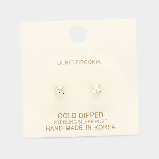 Gold Dipped 3mm Cubic Zirconia Square/Round Stud Earrings