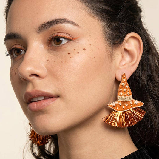 Enamel Witch Hat with Tassel Earrings