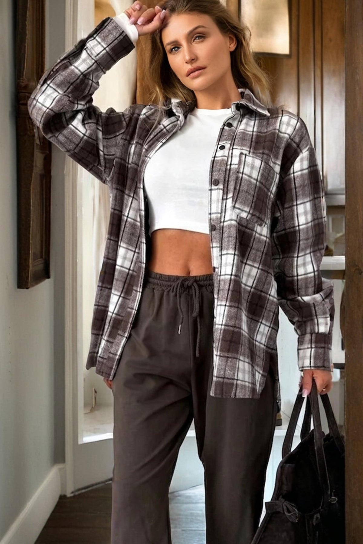 Plaid Flannel Chest Pocket Boyfriend Shacket