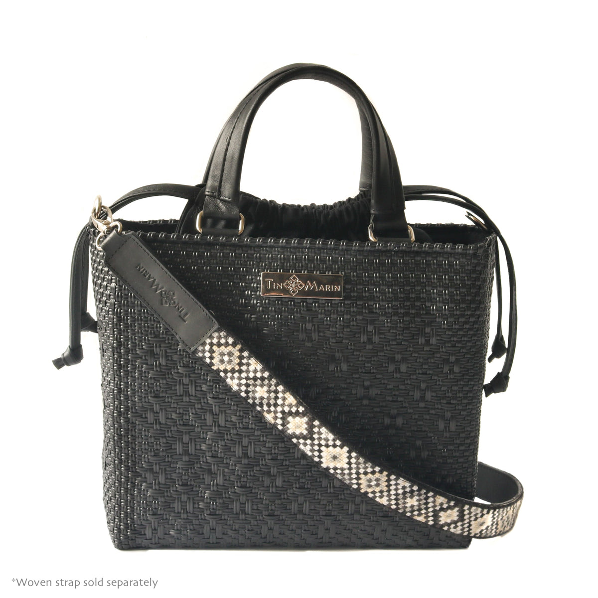 All Black Medium Woven Crossbody Drawstring Bag