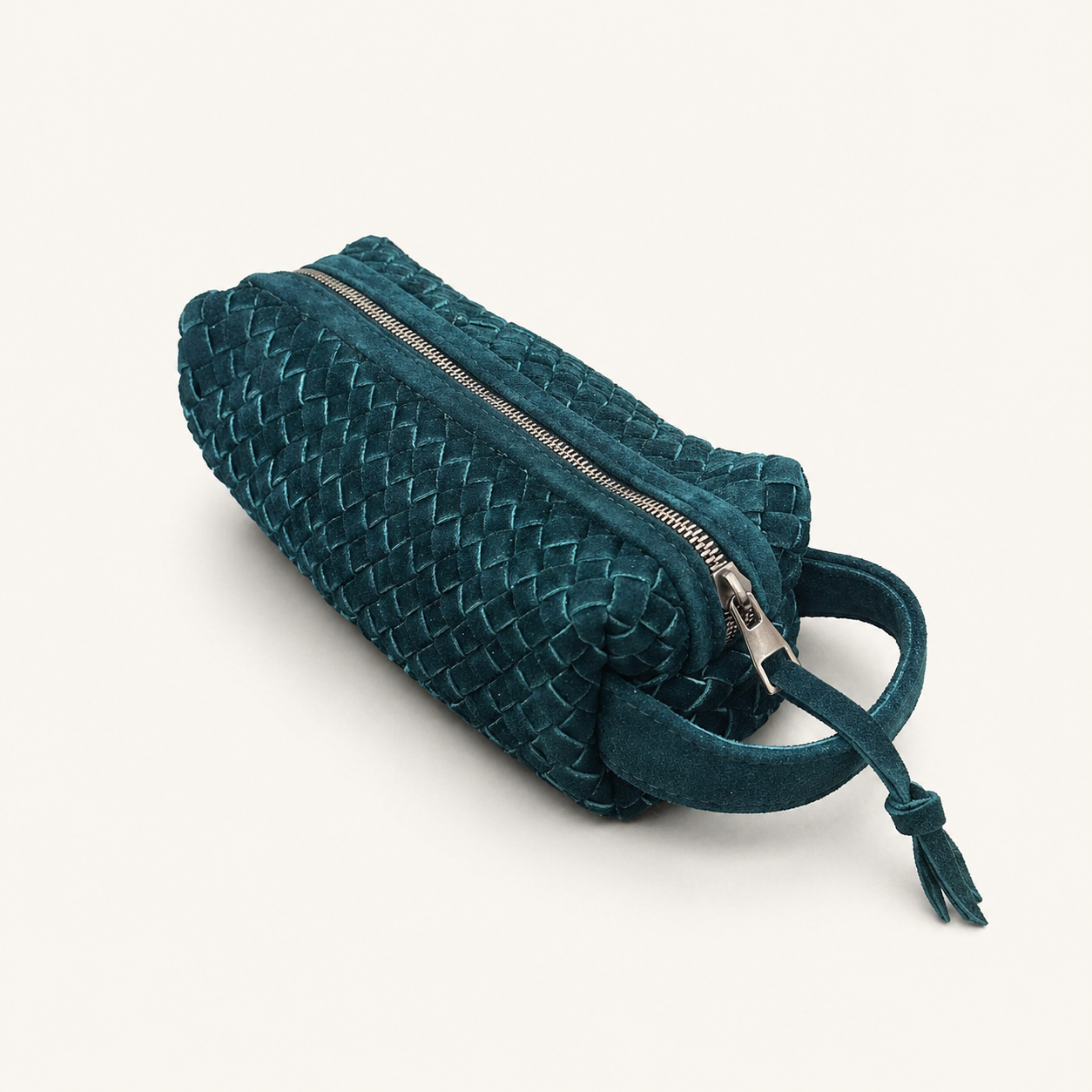 Teal Suede Woven Leather Makeup Bag