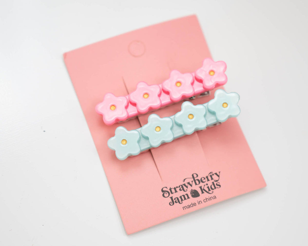 Pink and Teal Flower Hair Clip Set