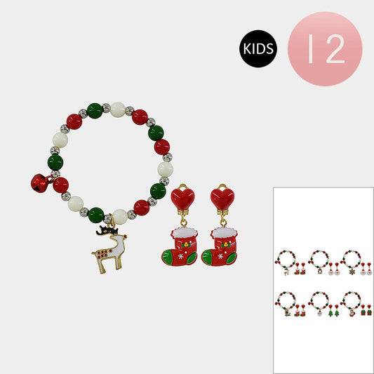 Christmas Charm Beaded Stretch Bracelet Earring Sets