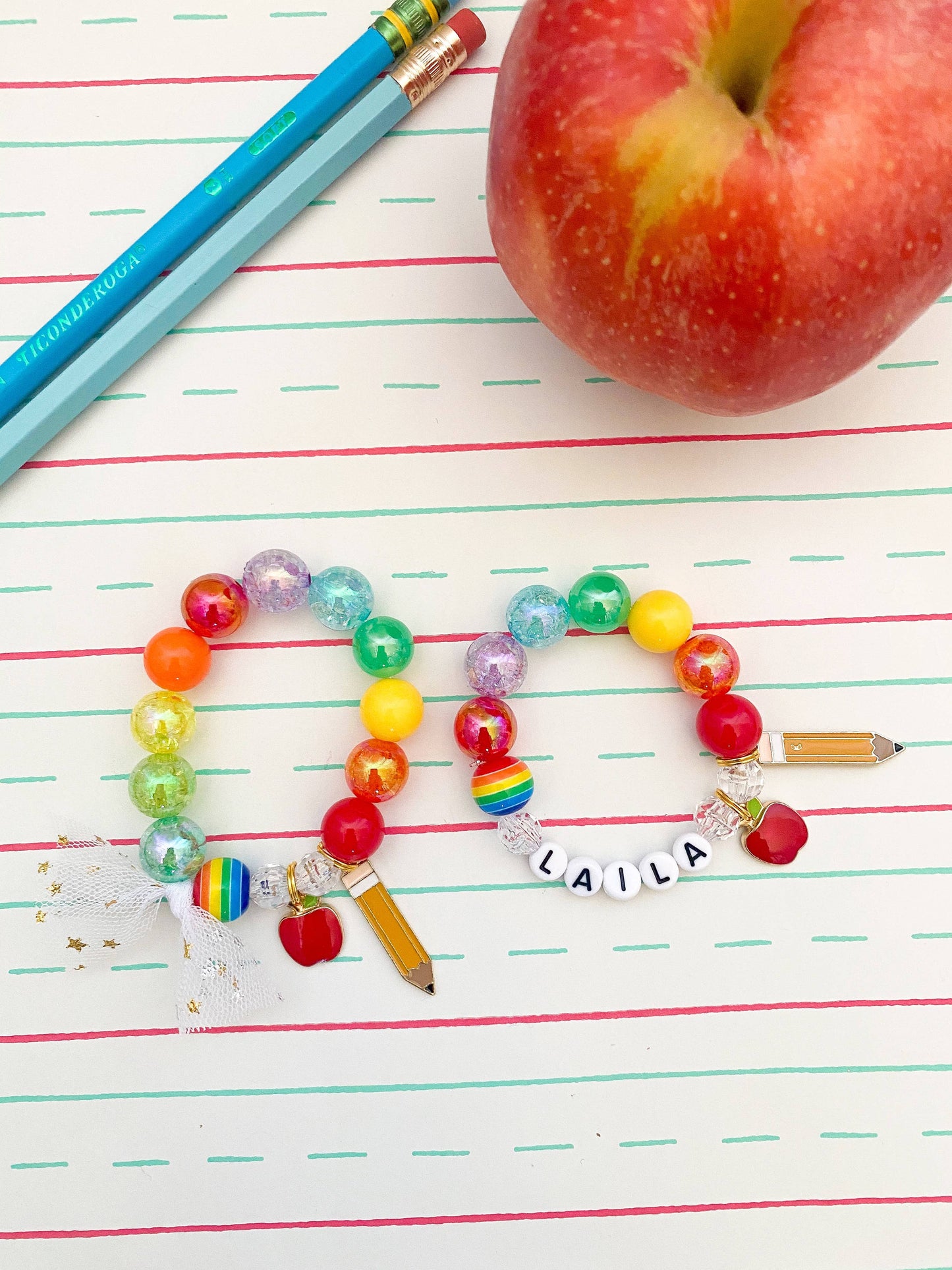 Back to School: Rainbow Pencil & Apple Charm Bracelet