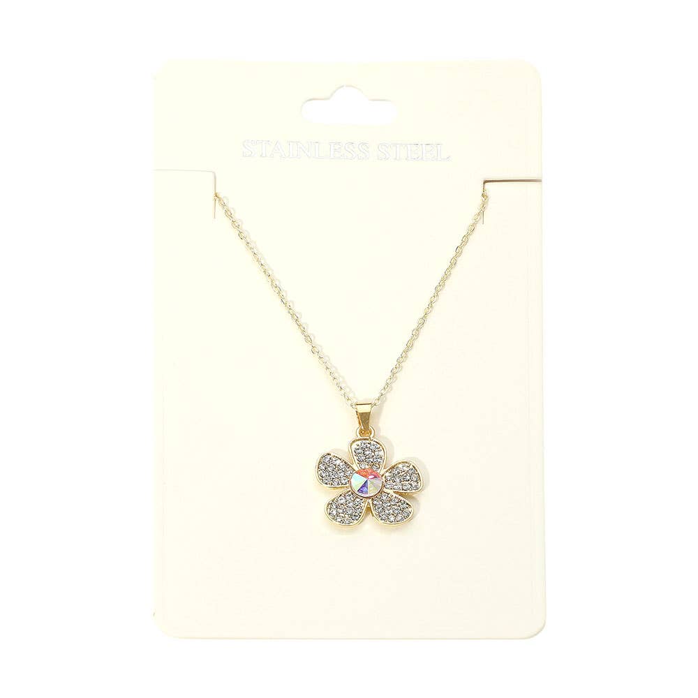 Stainless Steel Stone Paved Flower Pendant Necklaces