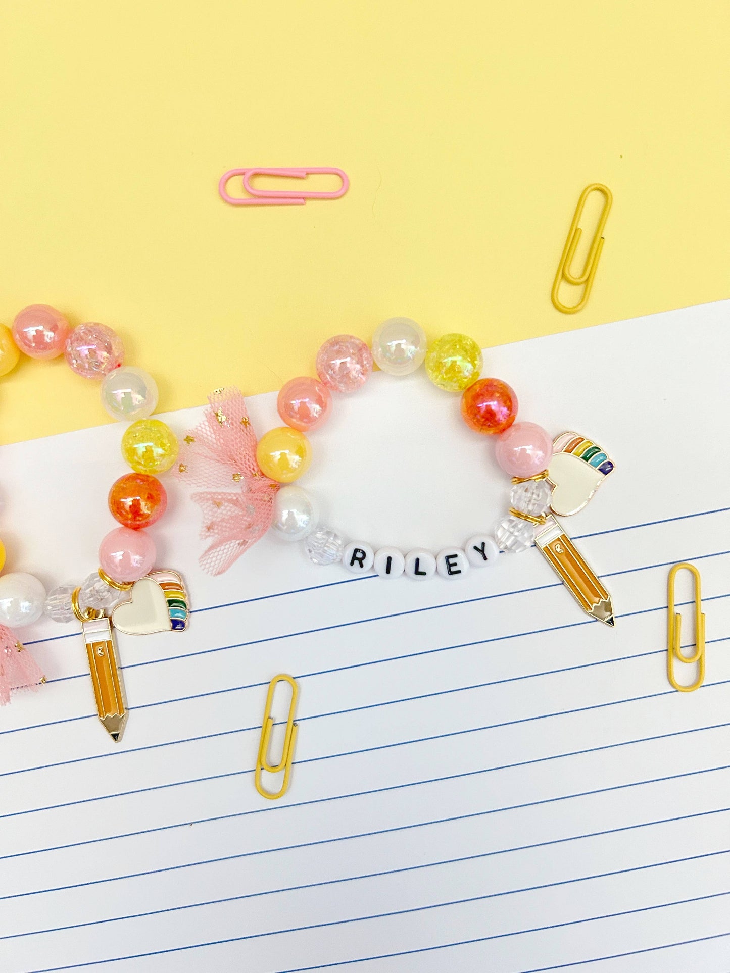Kids Back to School Pencil and Heart Beaded Charm Bracelet
