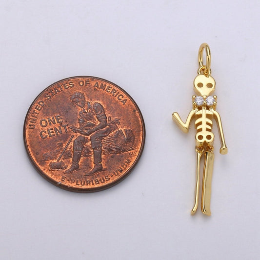 Day of the Dead Charm - Dia de los Muertos Pendant - Miniature Skeleton Gold Skull Charm for Halloween Necklace Jewelry Supply D-684 D-691