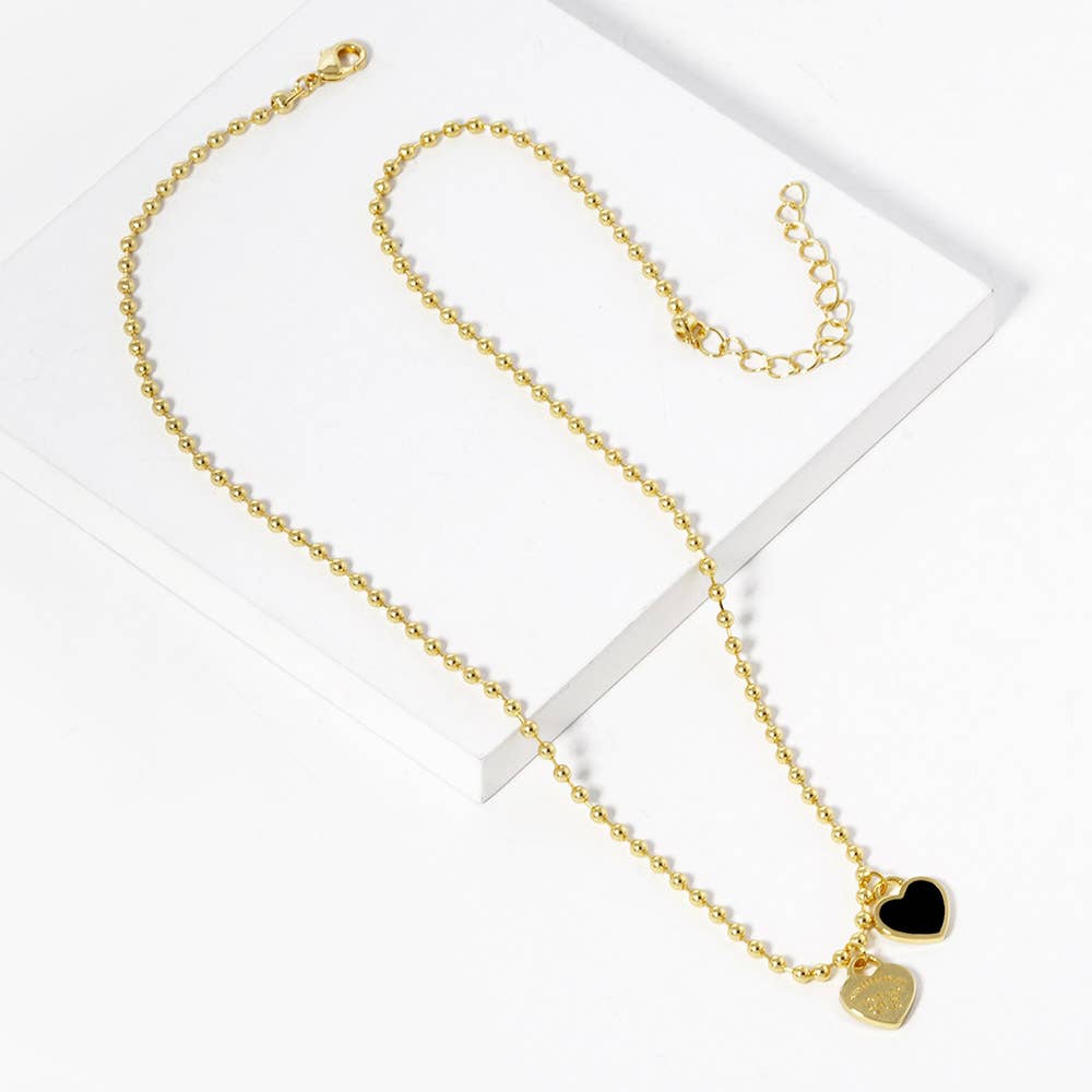 Gold Dipped Double Heart Pendant Bubble Chain Necklace
