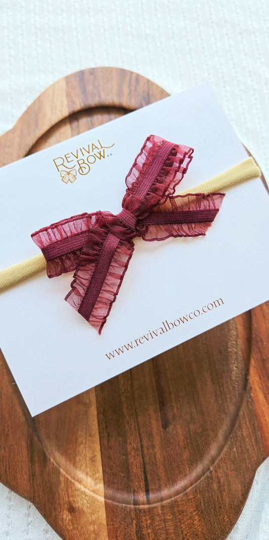 Ruffle Bow on Headband • Berry Red