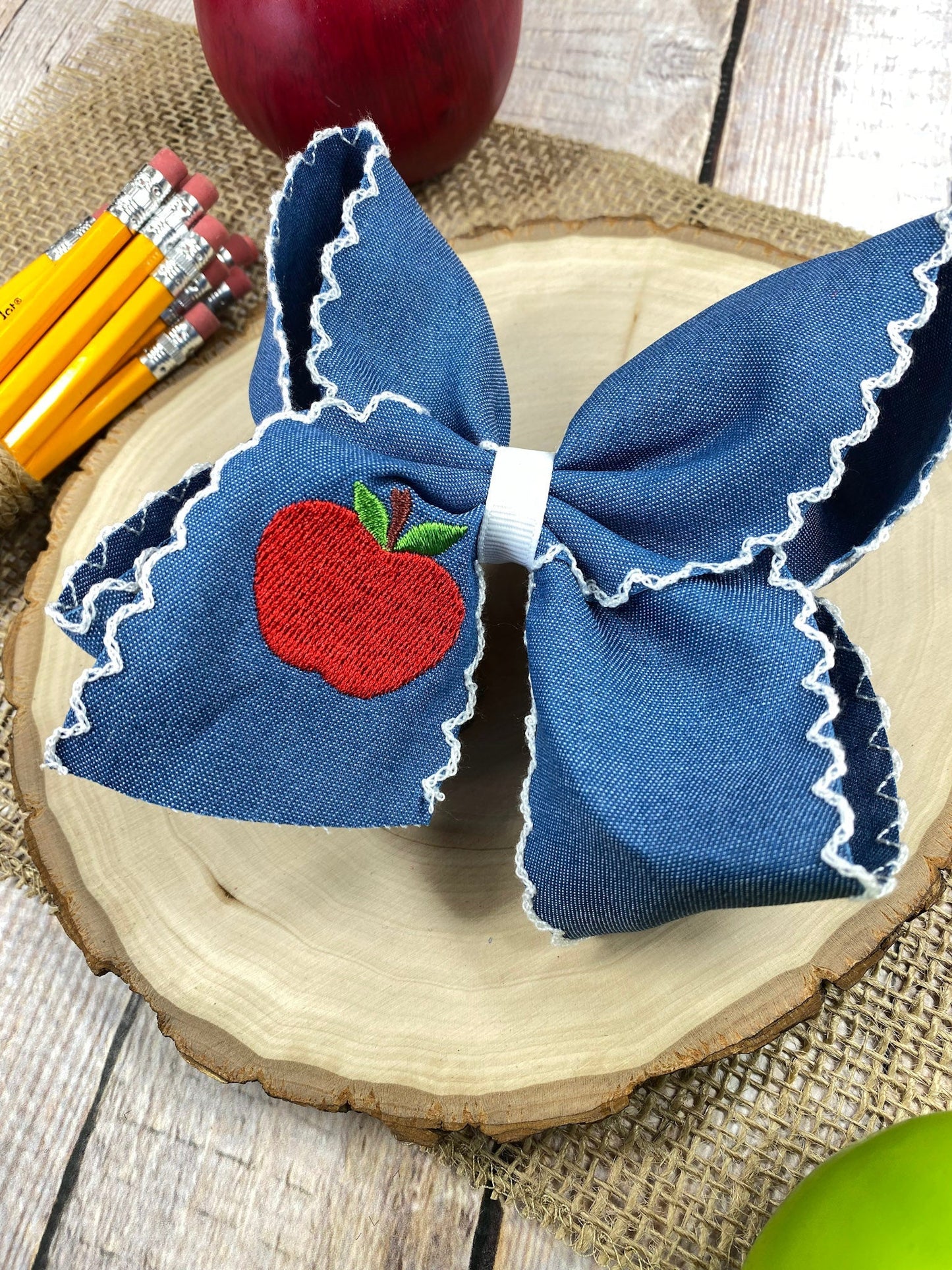 Denim Apple Embroidered Moonstitch Hair Bow | Clip or Headband