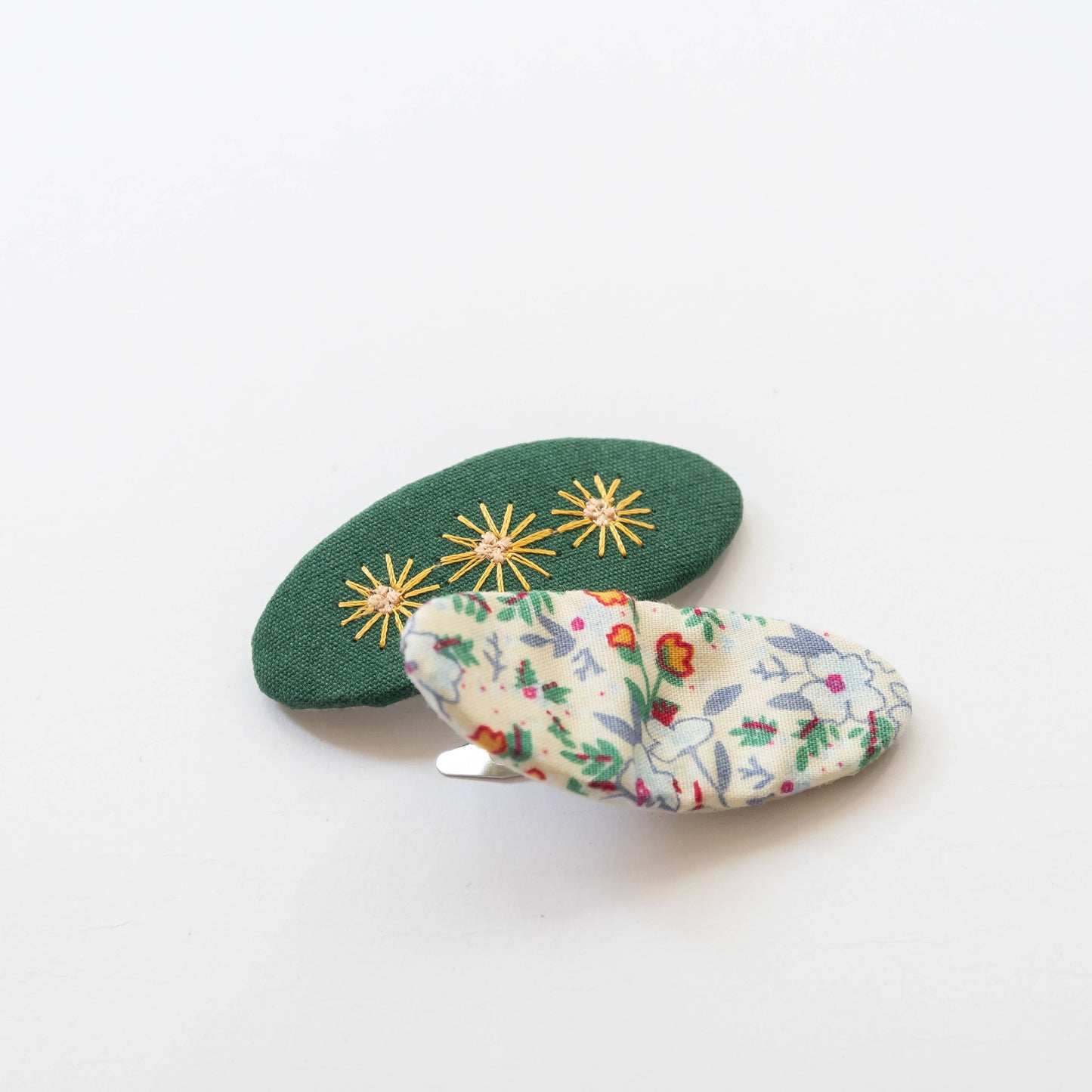 Oval Embroidered Floral Snap Hair Clips | Green