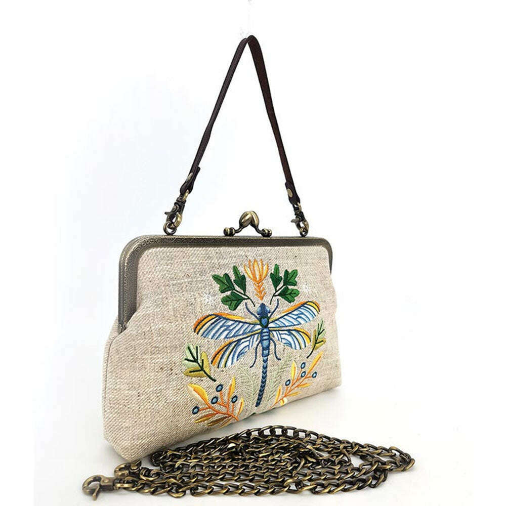 Dragonfly Embroidered Vintage-Style Kisslock Handbag : Beige