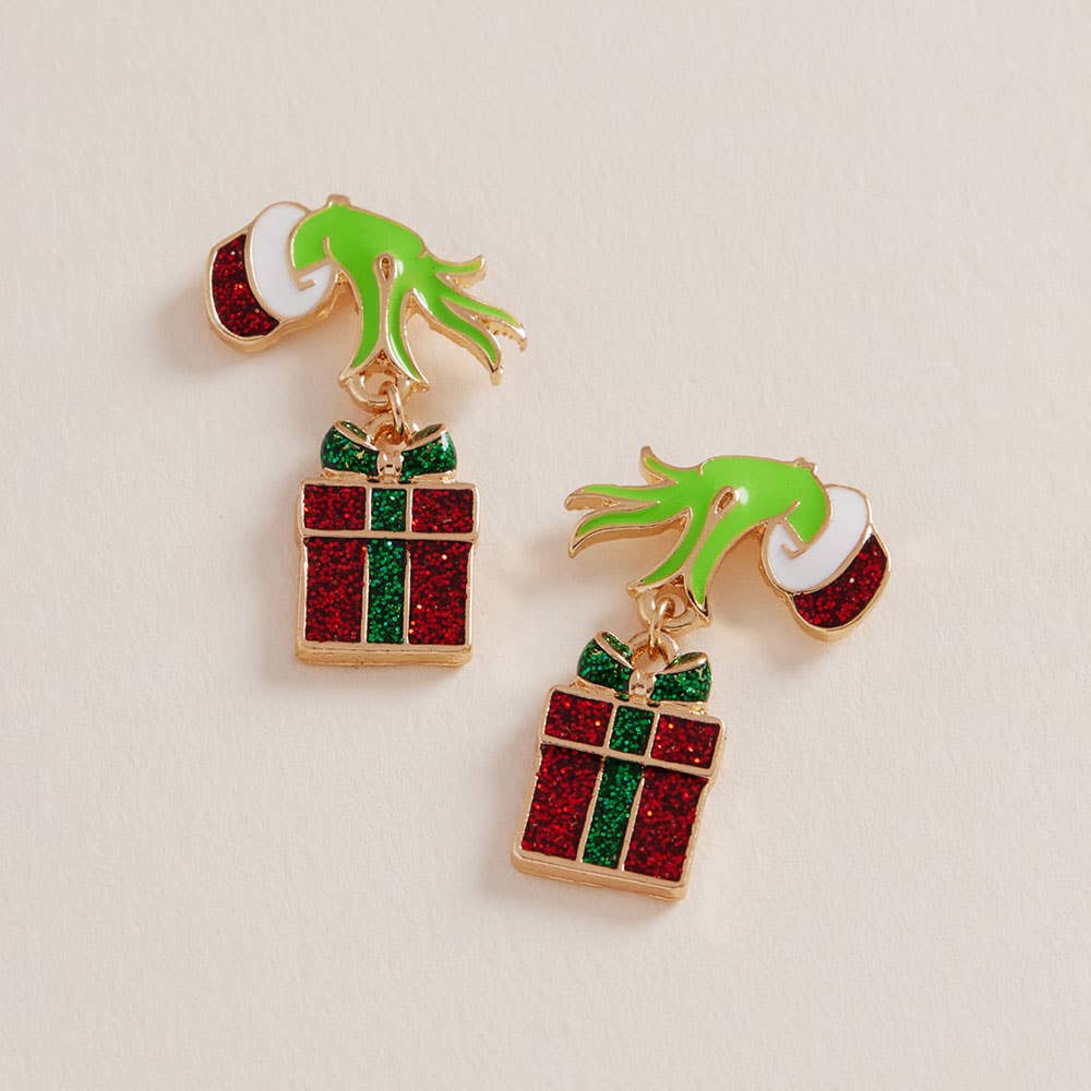 Grinch Green Monster Hand Holiday Gift Box Dangle Earrings