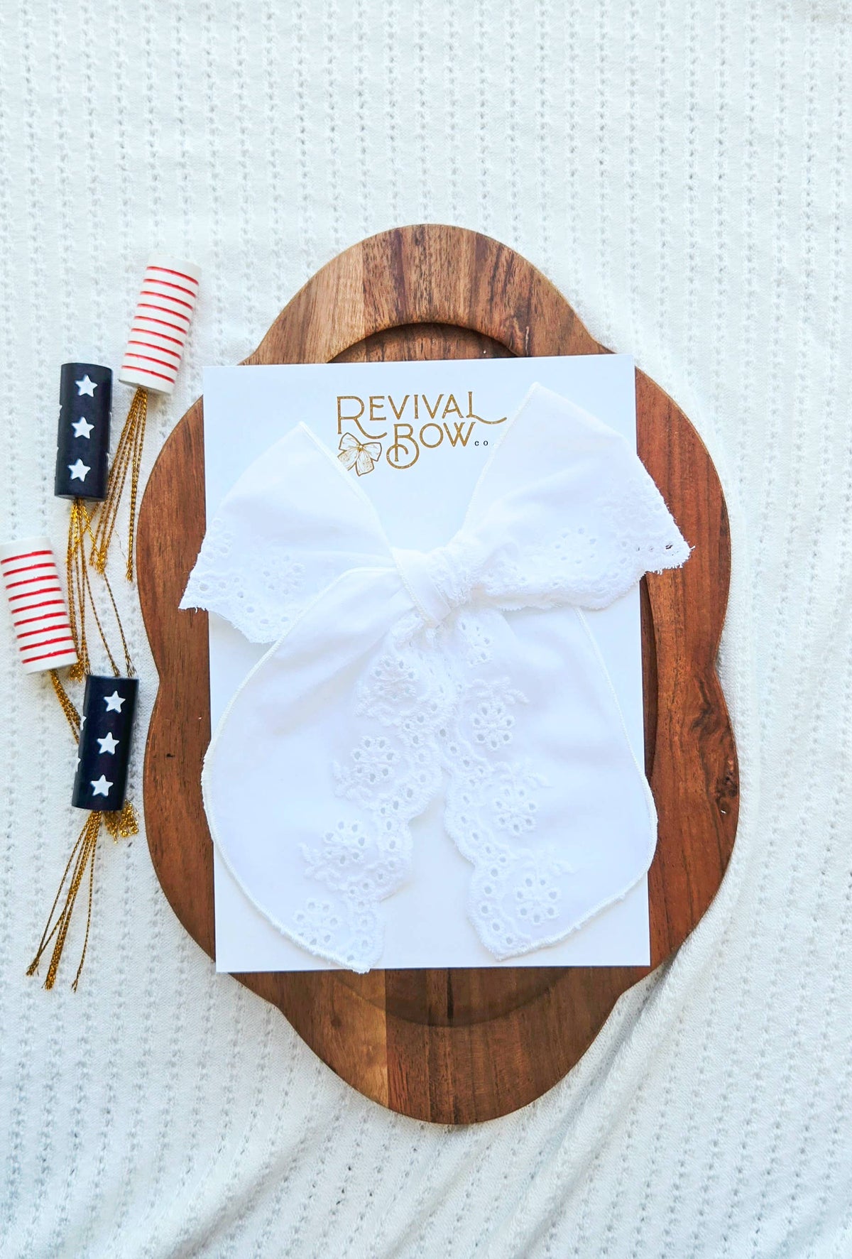 Large Fable Bow on Clip •  White Eyelet Lace
