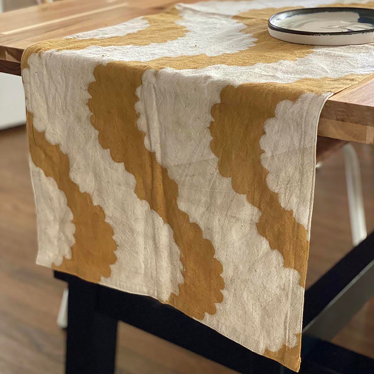 Hand-Printed Table Runner | Organic Cotton Linen - Golden Rays