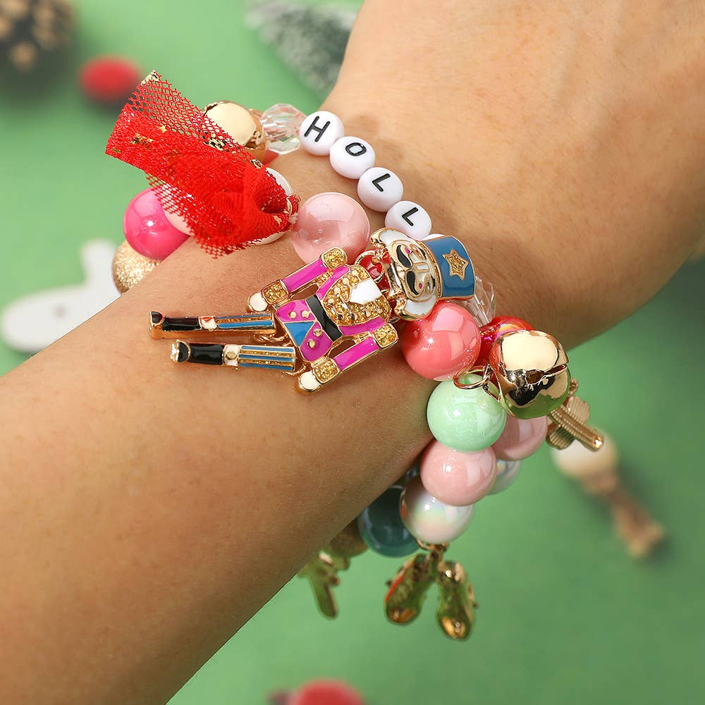 HOLLY Nutcracker Holiday Charm Bow Beaded Stretch Multi Layered Bracelets