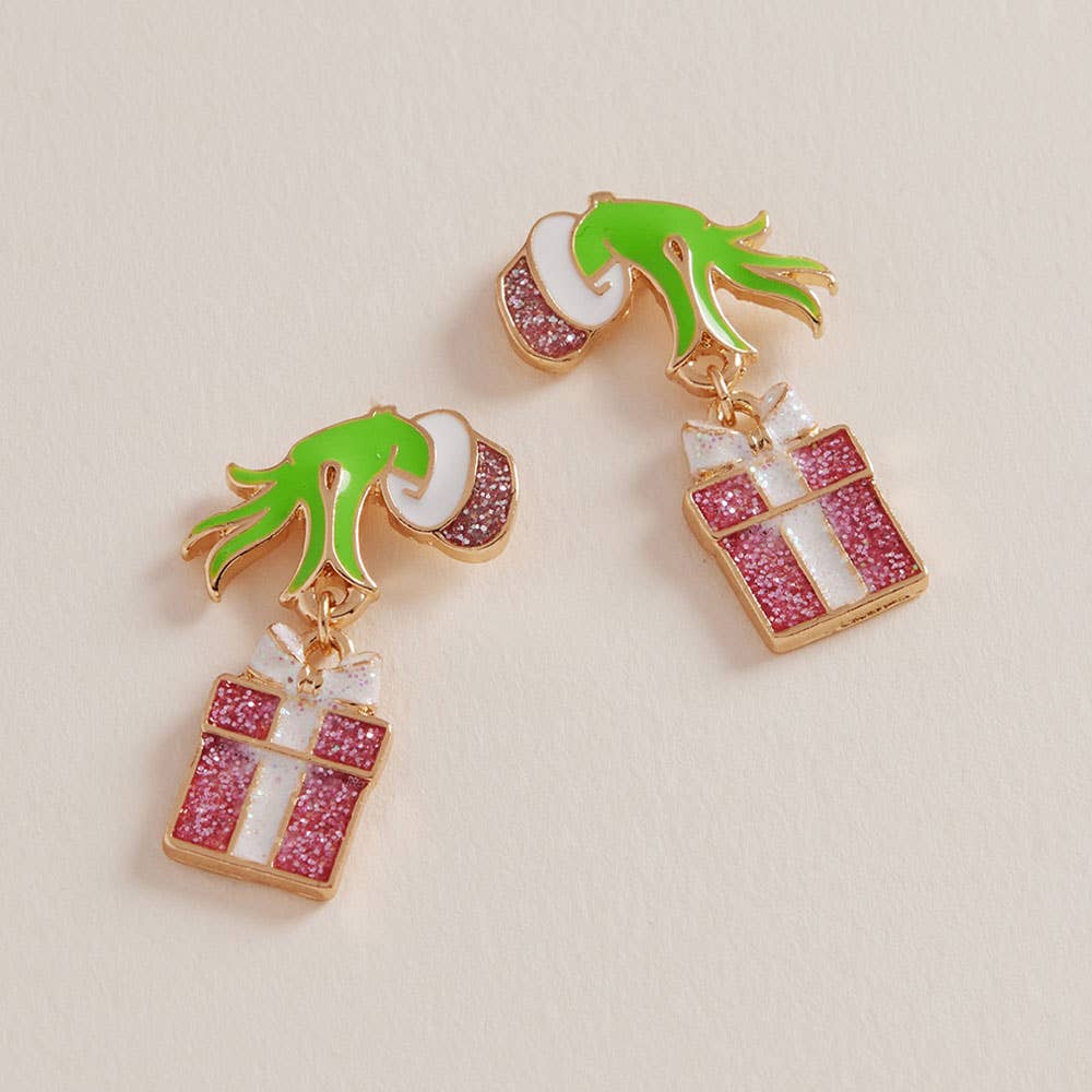 Grinch Green Monster Hand Holiday Gift Box Dangle Earrings