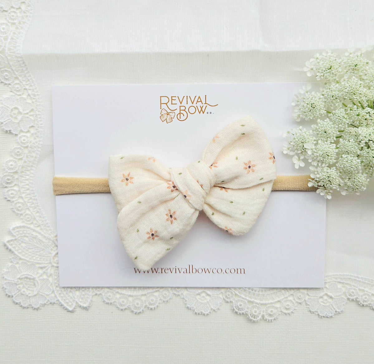 Small Pinwheel Bow on Headband • Petite Floral Gauze