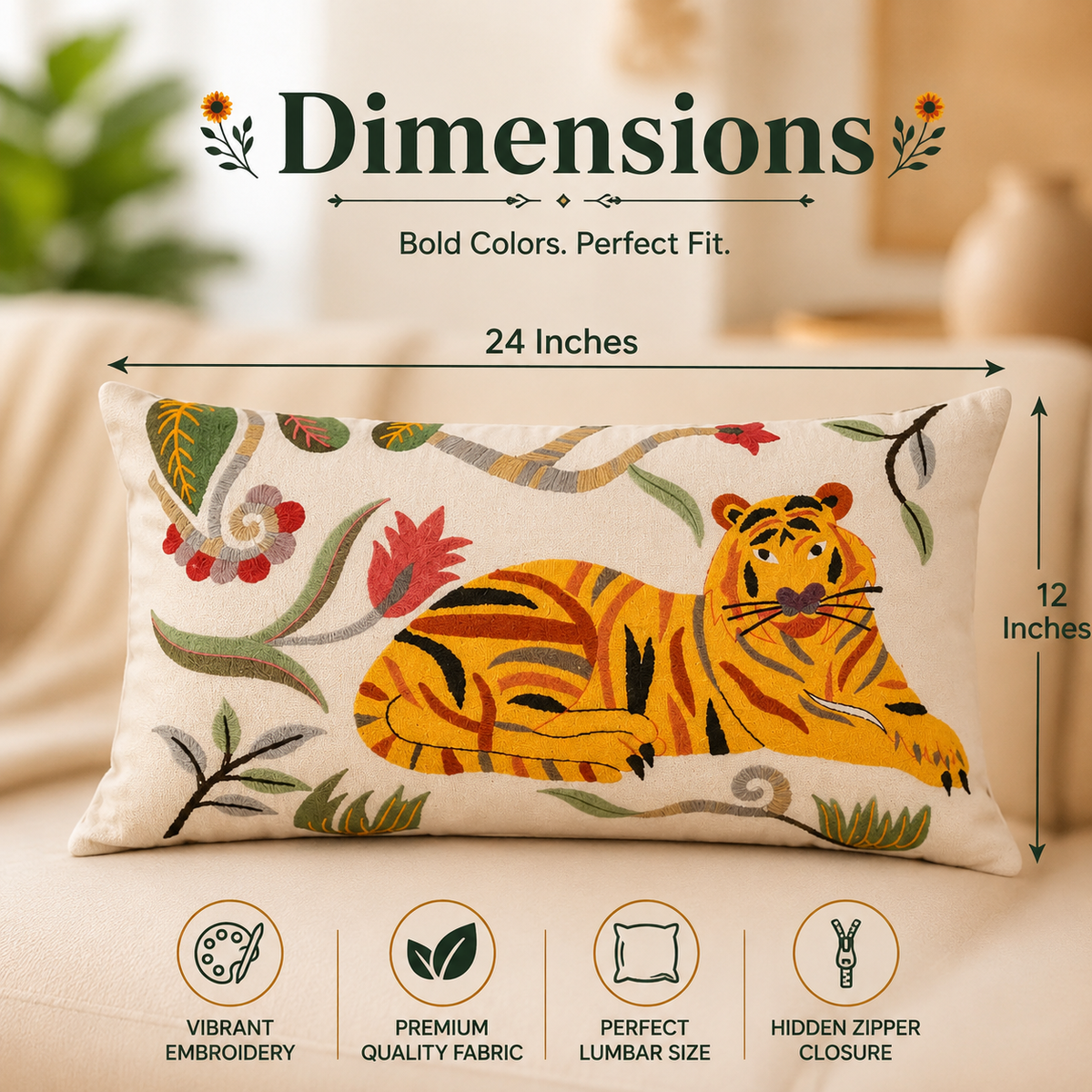 Floral Safari Tiger Pillow | 24x14" | Cotton Fabric