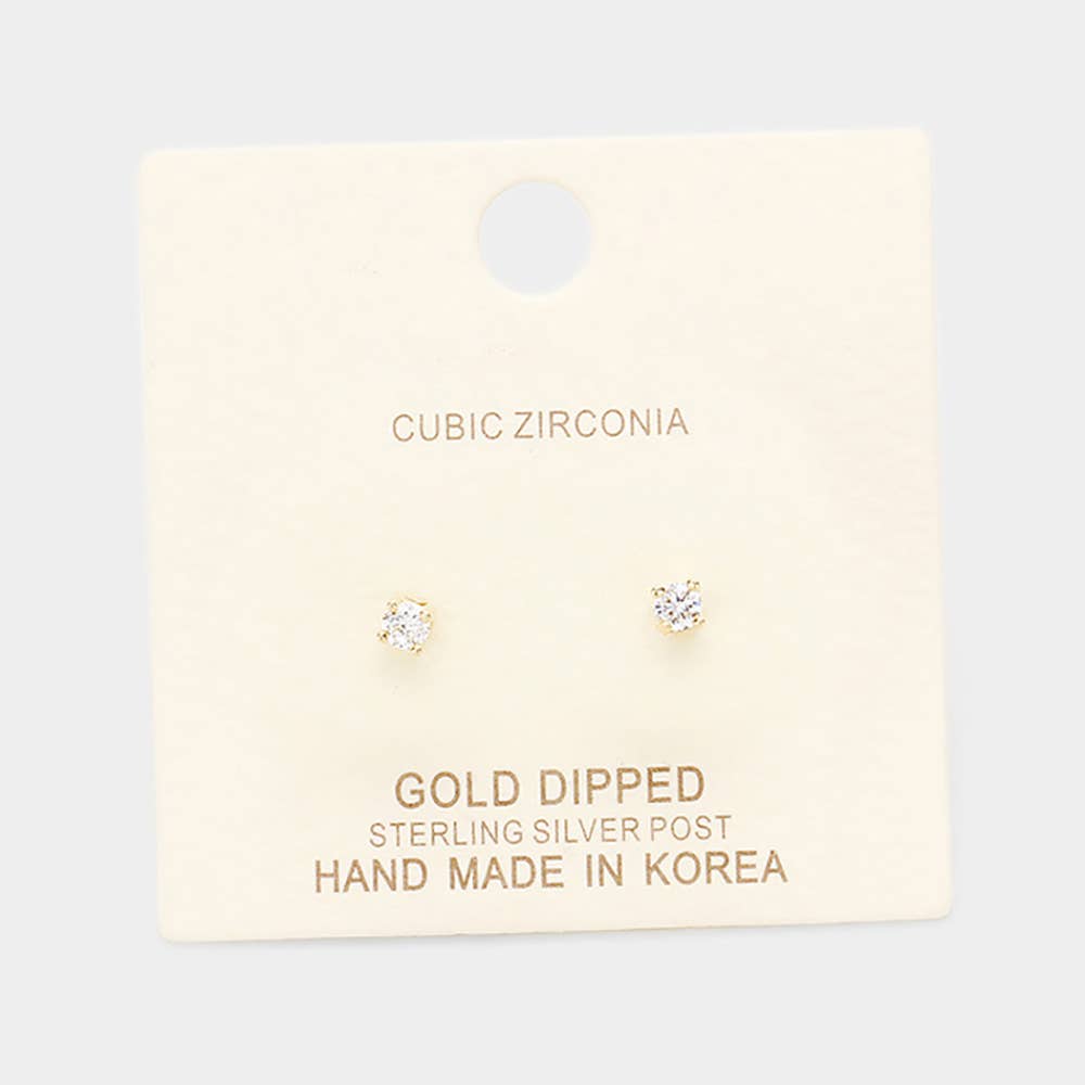 Gold Dipped 3mm Cubic Zirconia Square/Round Stud Earrings