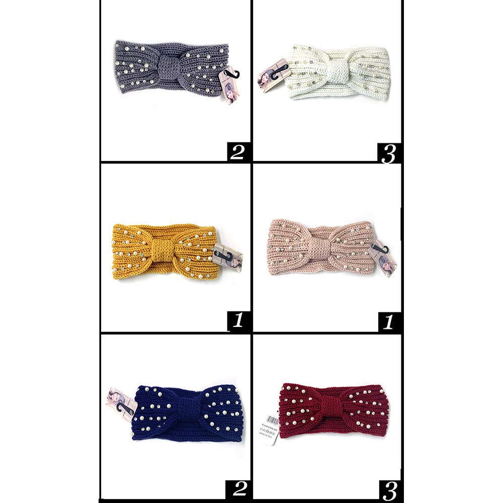 Pearl Stone Embellished Bow Knit Earmuff Headbands