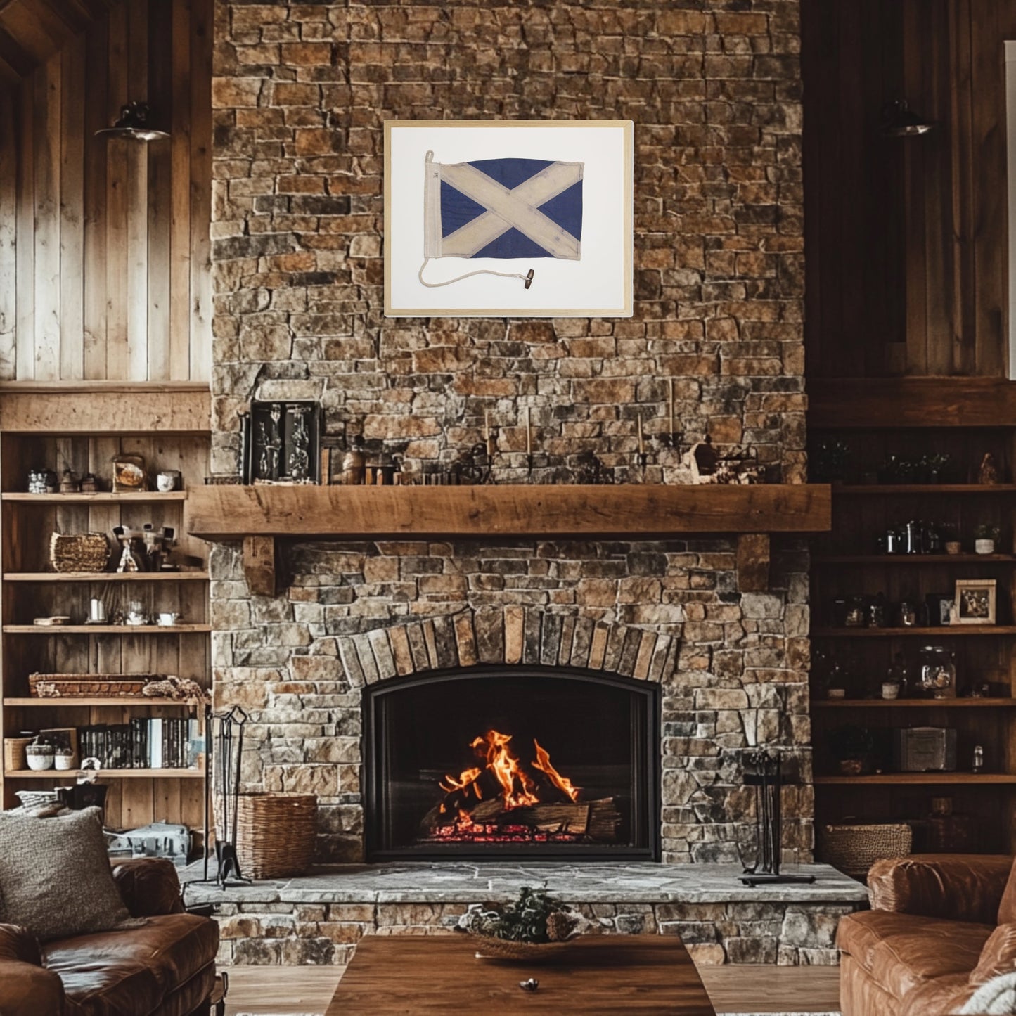 Navy and White Flag in Natural Wooden Frame