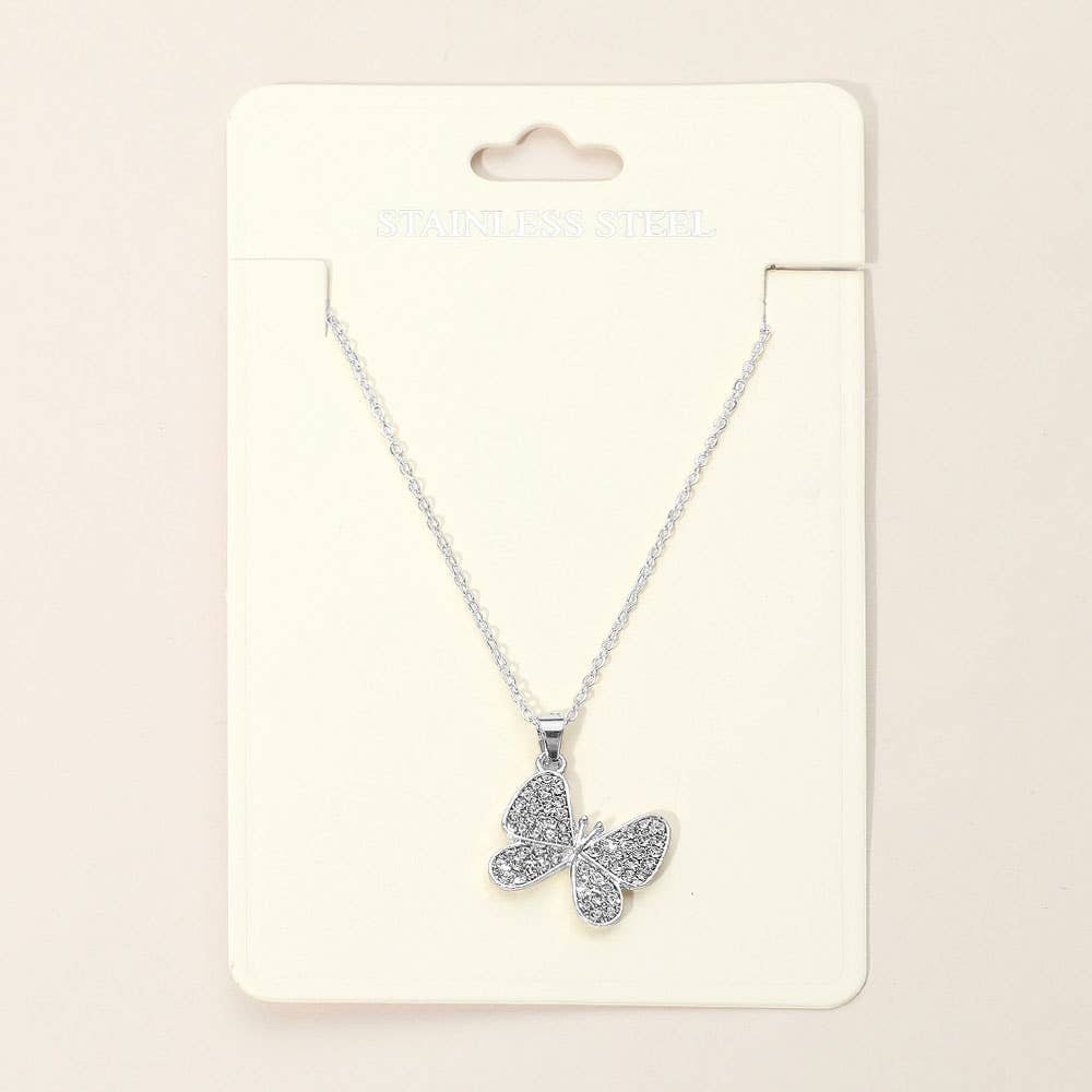 Stainless Steel Stone Paved Butterfly Pendant Necklaces