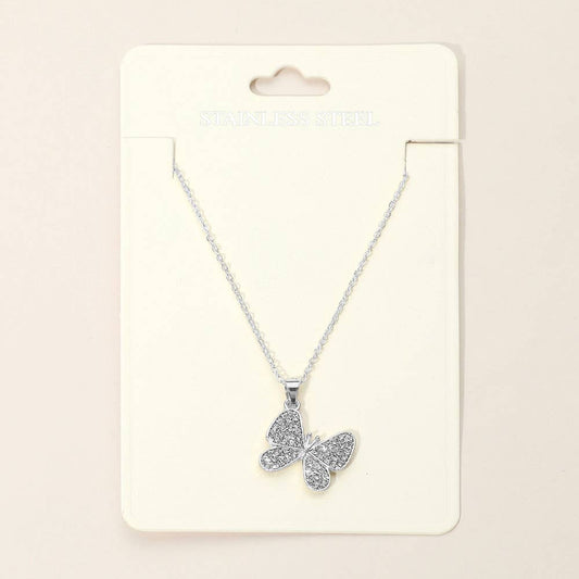 Stainless Steel Stone Paved Butterfly Pendant Necklaces