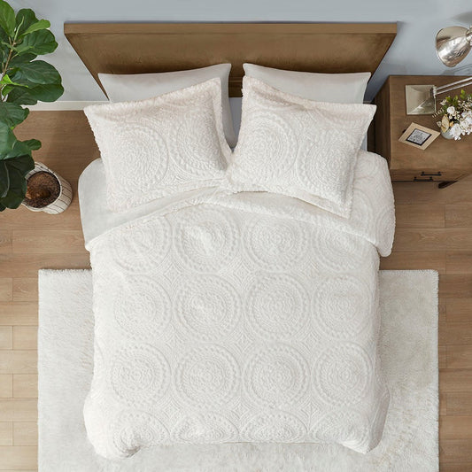 Full/Queen Embroidered Medallion Faux Fur Ultra Plush Comforter Mini Set