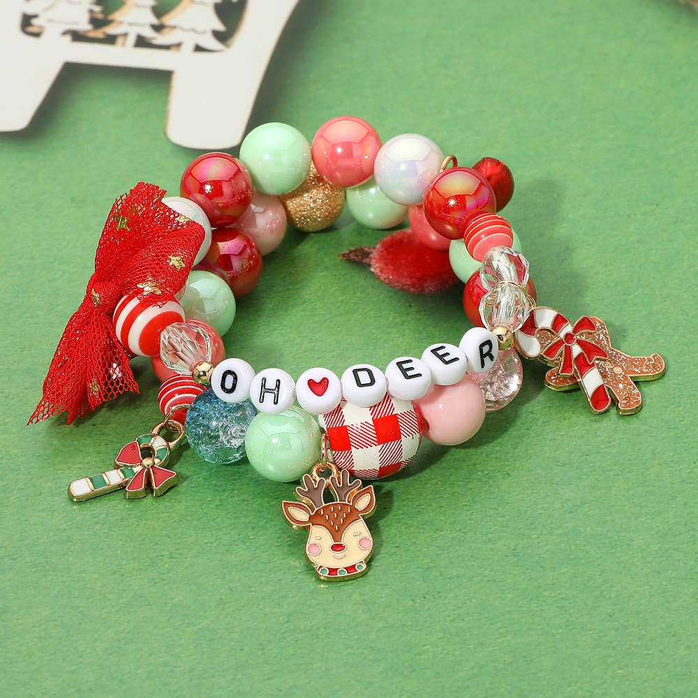 OH DEAR Reindeer Candy Cane Gingerbread Man Charm Bow Beaded Stretch Multi Layered Bracelets
