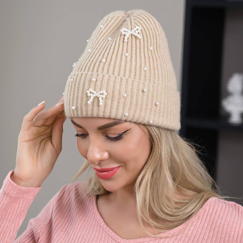 Bow Pearl Embellished Knitted Winter Beanie Hat