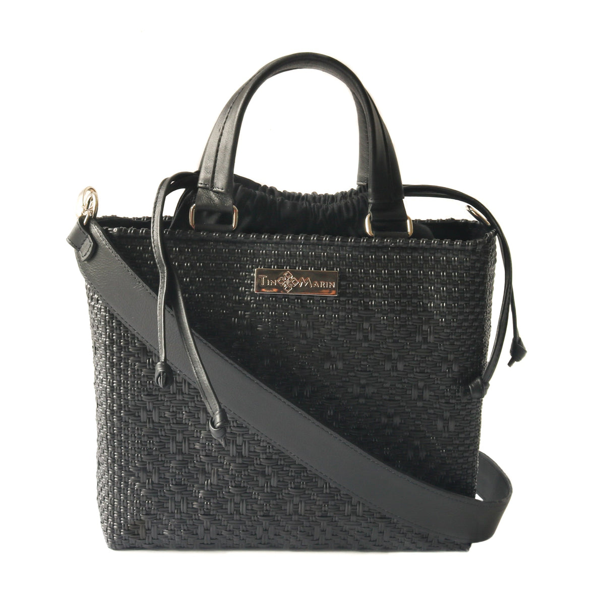 All Black Medium Woven Crossbody Drawstring Bag